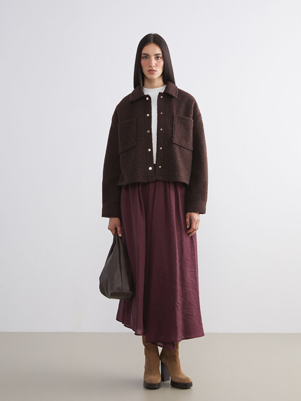 Kahverengi Gömlek Yaka Oversize Kadın Pelüş Ceket-1