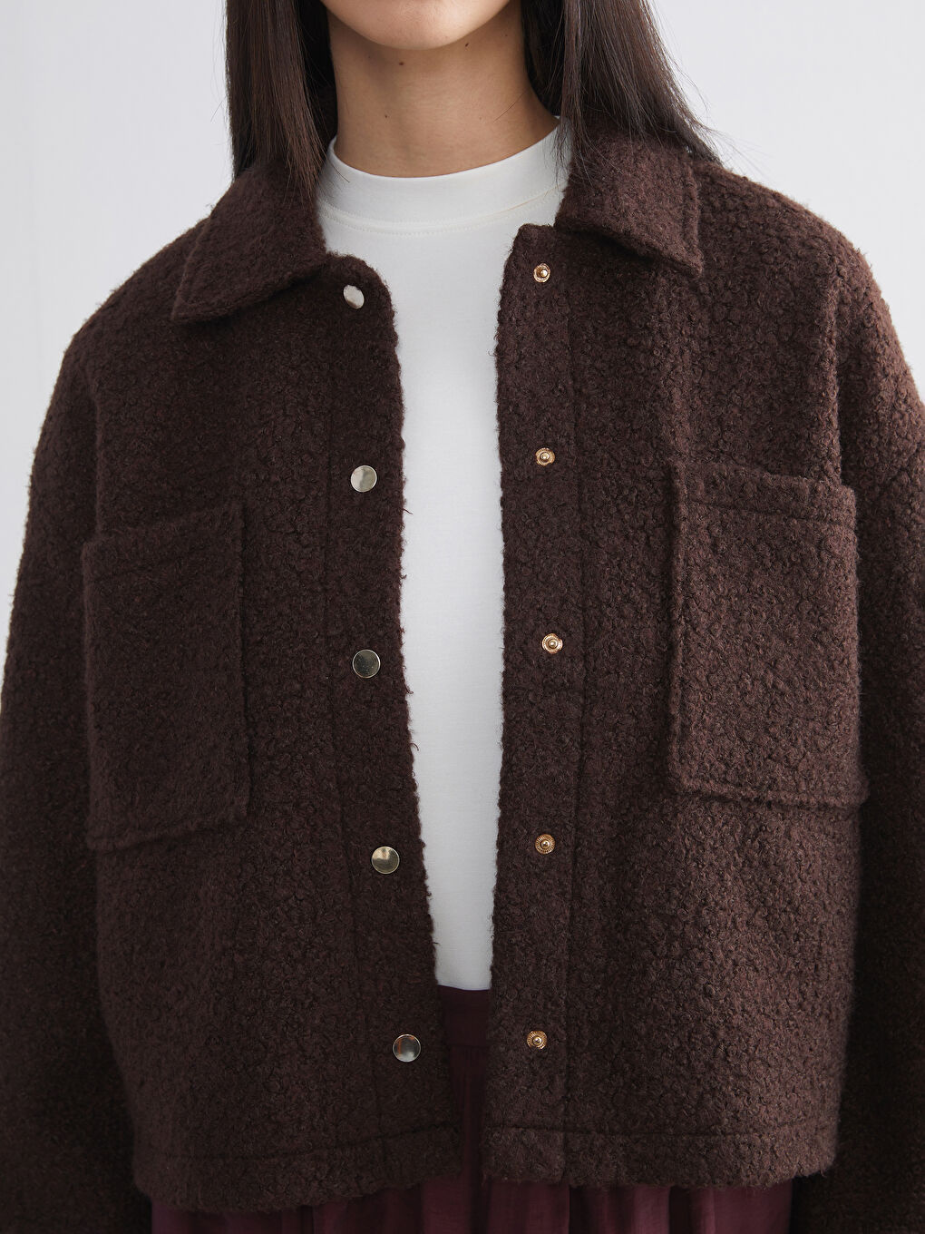 Kahverengi Gömlek Yaka Oversize Kadın Pelüş Ceket-2