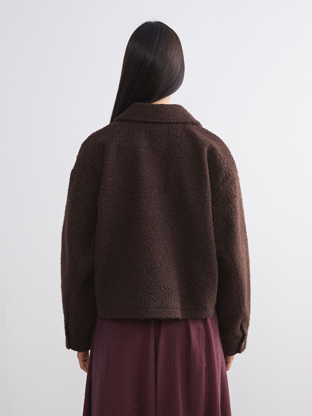 Kahverengi Gömlek Yaka Oversize Kadın Pelüş Ceket-3