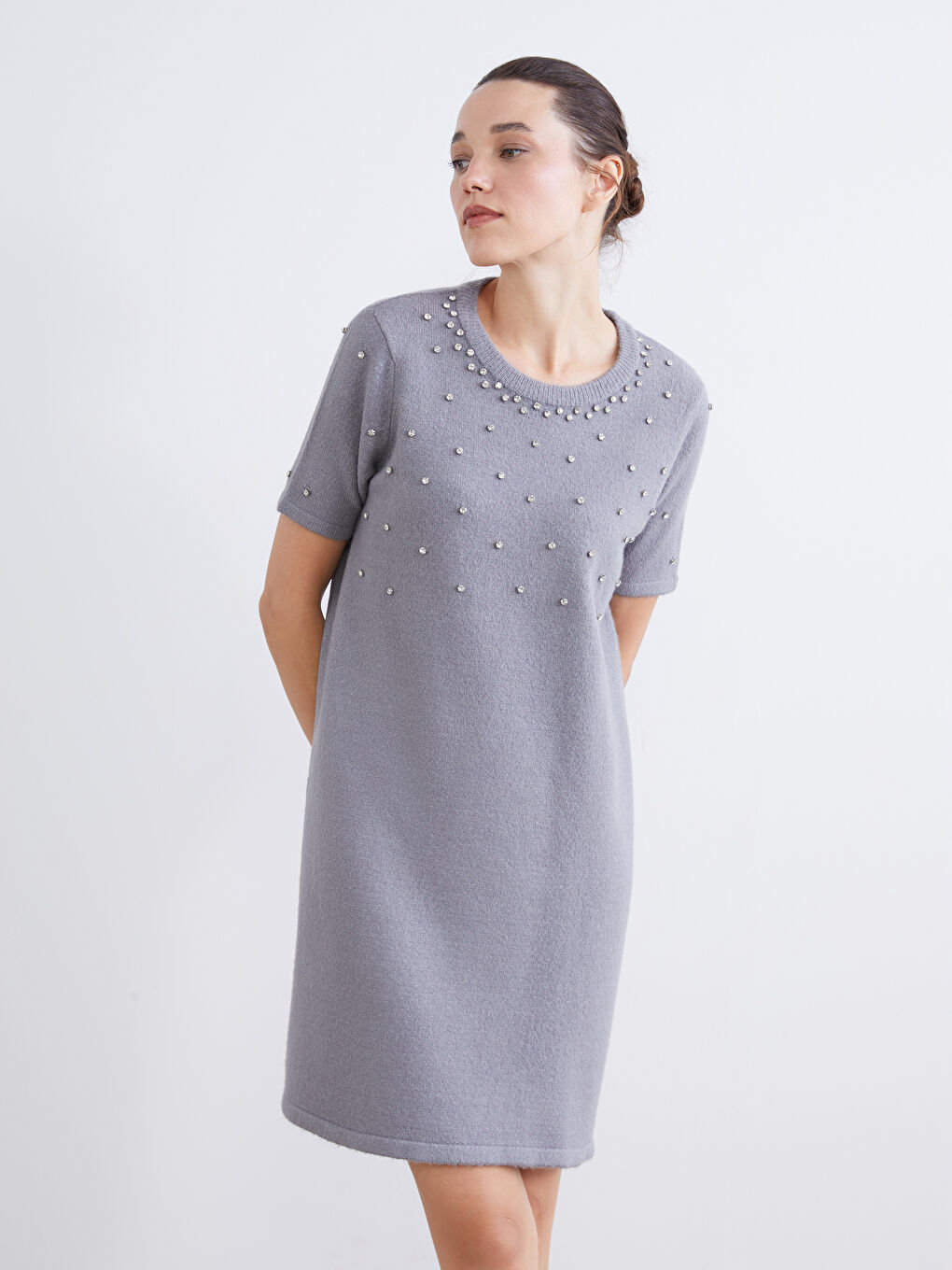 Crew Neck Rhinestone Embellished Mini Knitwear Dress