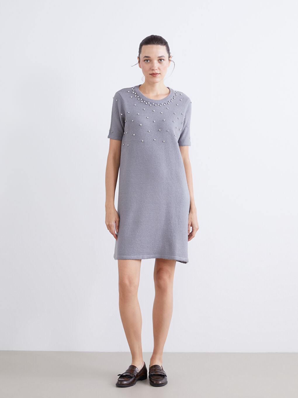 Crew Neck Rhinestone Embellished Mini Knitwear Dress-1