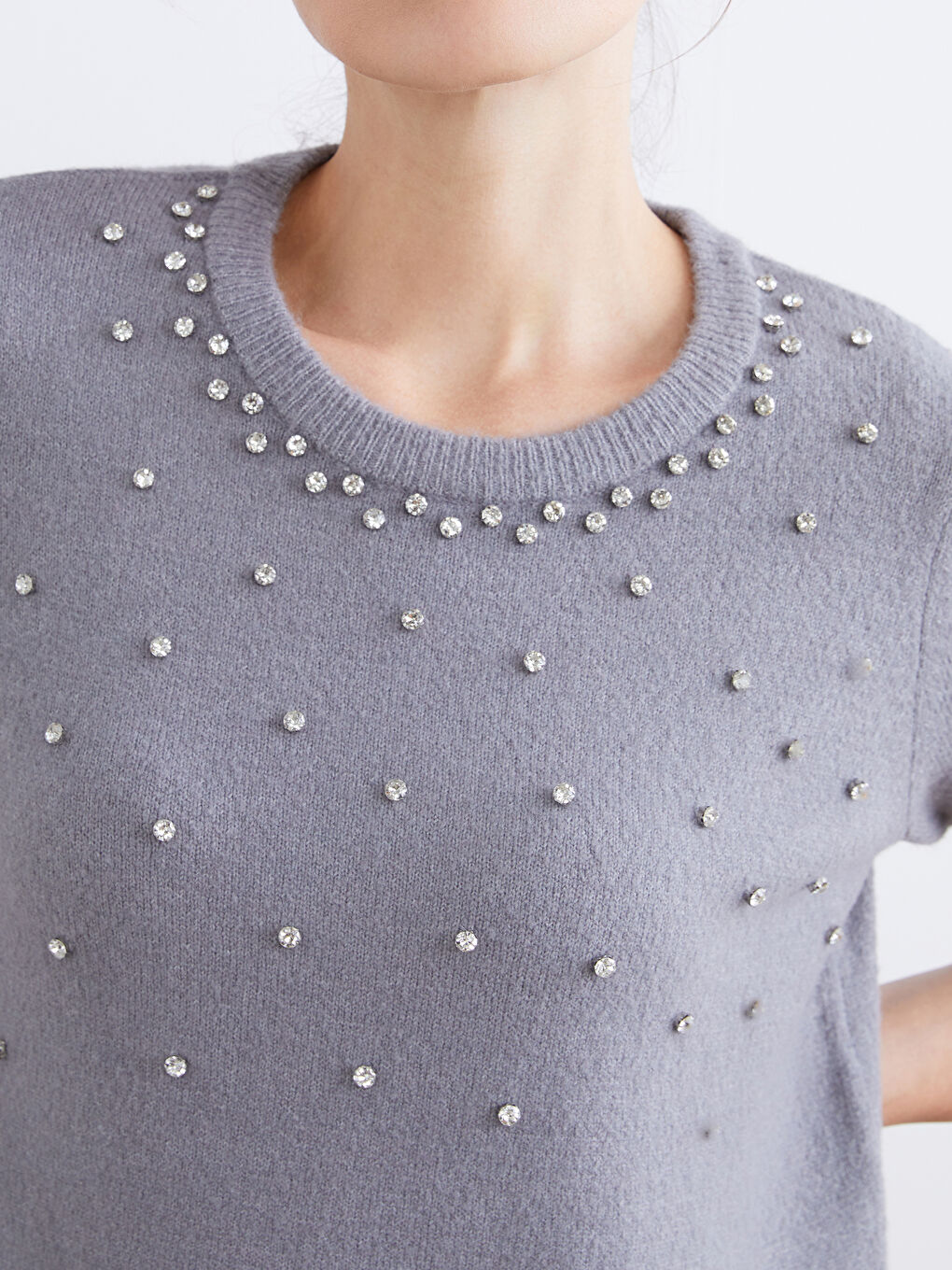 Crew Neck Rhinestone Embellished Mini Knitwear Dress-2