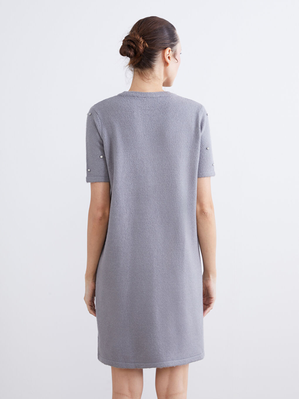 Crew Neck Rhinestone Embellished Mini Knitwear Dress-3