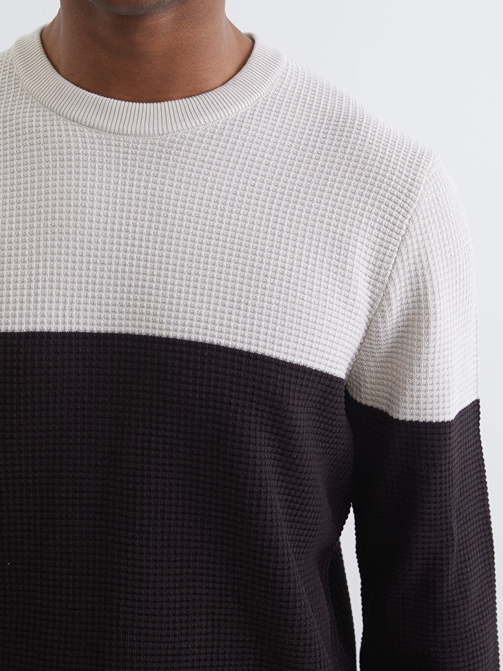 Kahverengi Bisiklet Yaka Renk Bloklu Erkek Triko Kazak-2