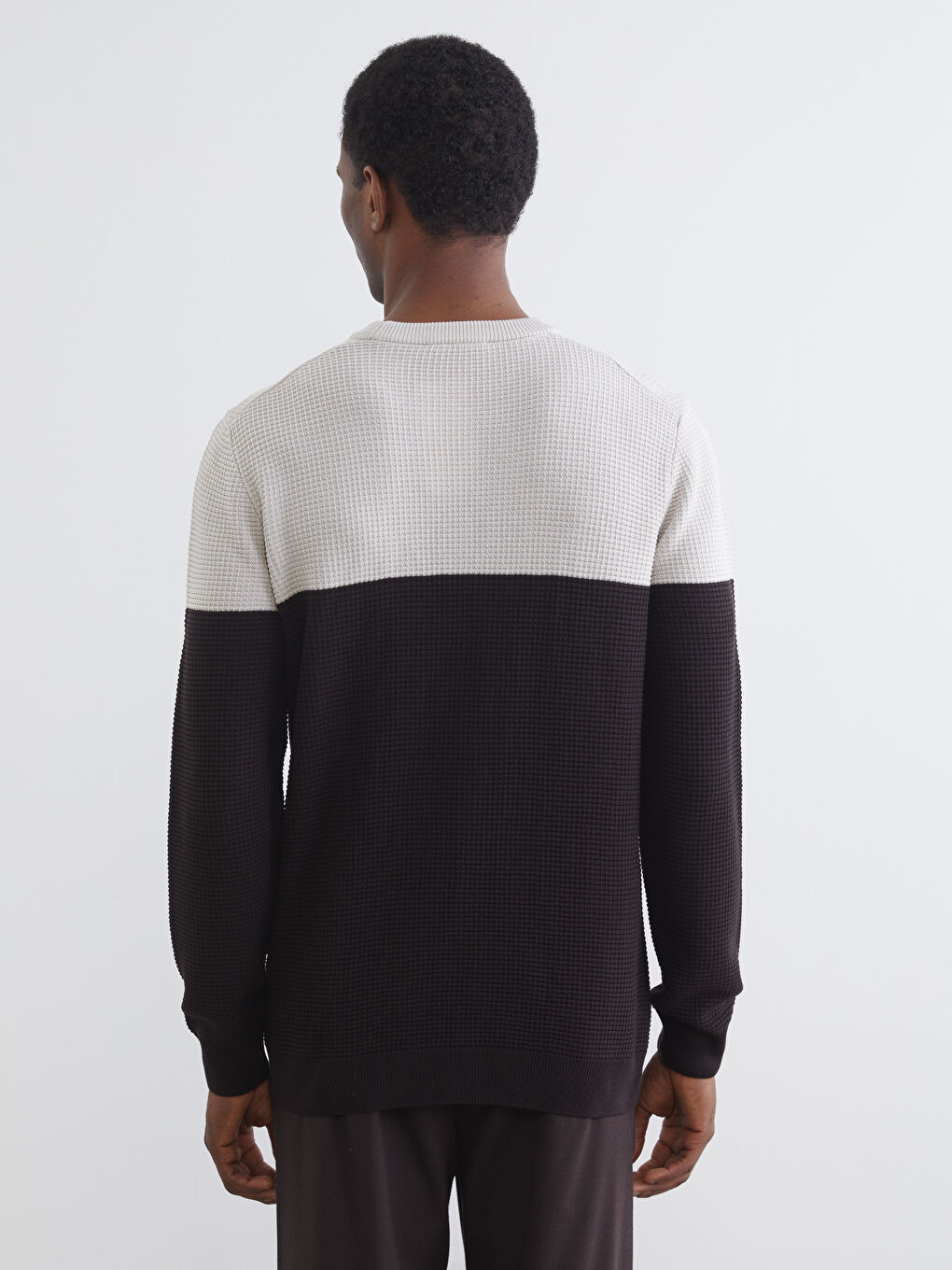 Kahverengi Bisiklet Yaka Renk Bloklu Erkek Triko Kazak-3