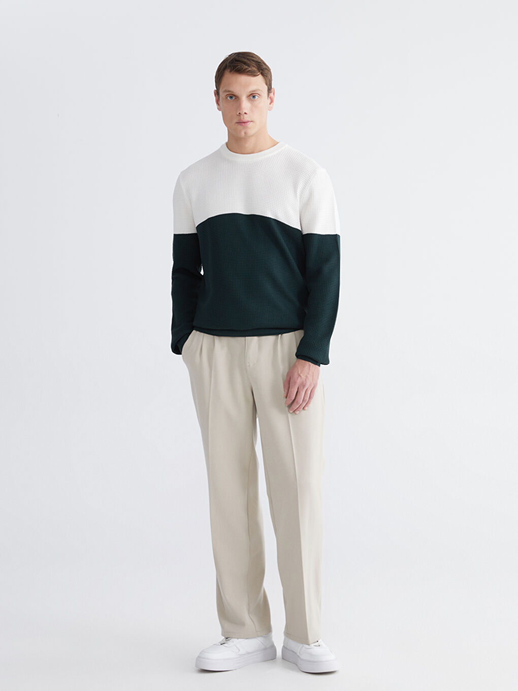 Yeşil Bisiklet Yaka Renk Bloklu Erkek Triko Kazak-1