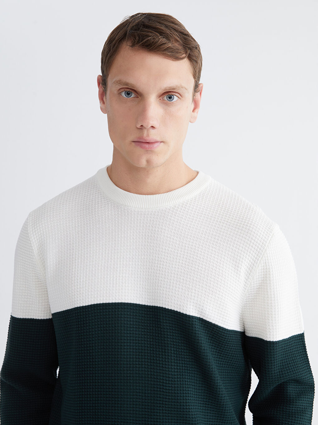 Yeşil Bisiklet Yaka Renk Bloklu Erkek Triko Kazak-2