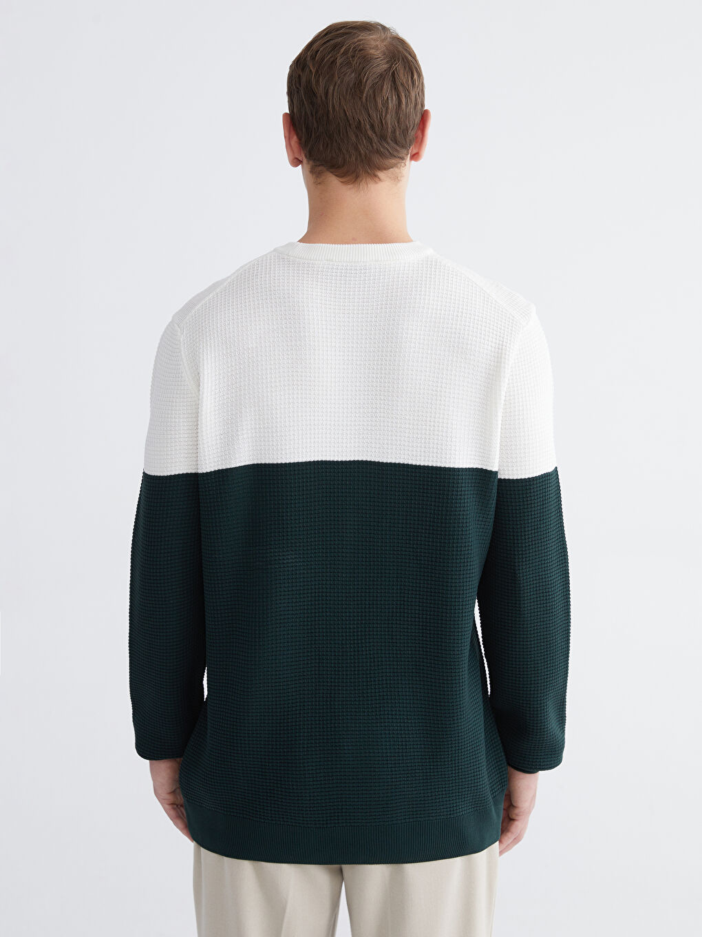 Yeşil Bisiklet Yaka Renk Bloklu Erkek Triko Kazak-3