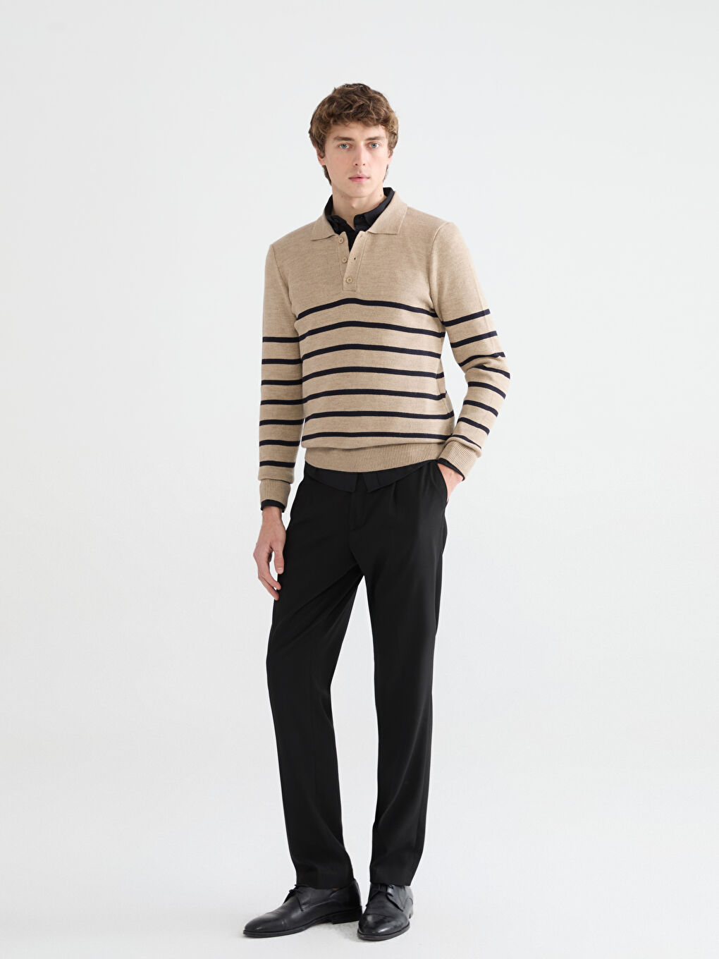 Kahverengi Polo Yaka Çizgili Erkek Kazak-1