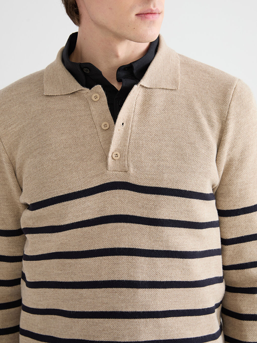 Kahverengi Polo Yaka Çizgili Erkek Kazak-2