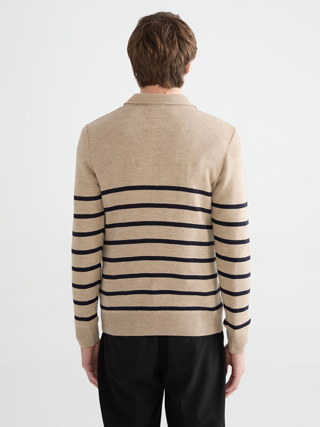 Kahverengi Polo Yaka Çizgili Erkek Kazak-3