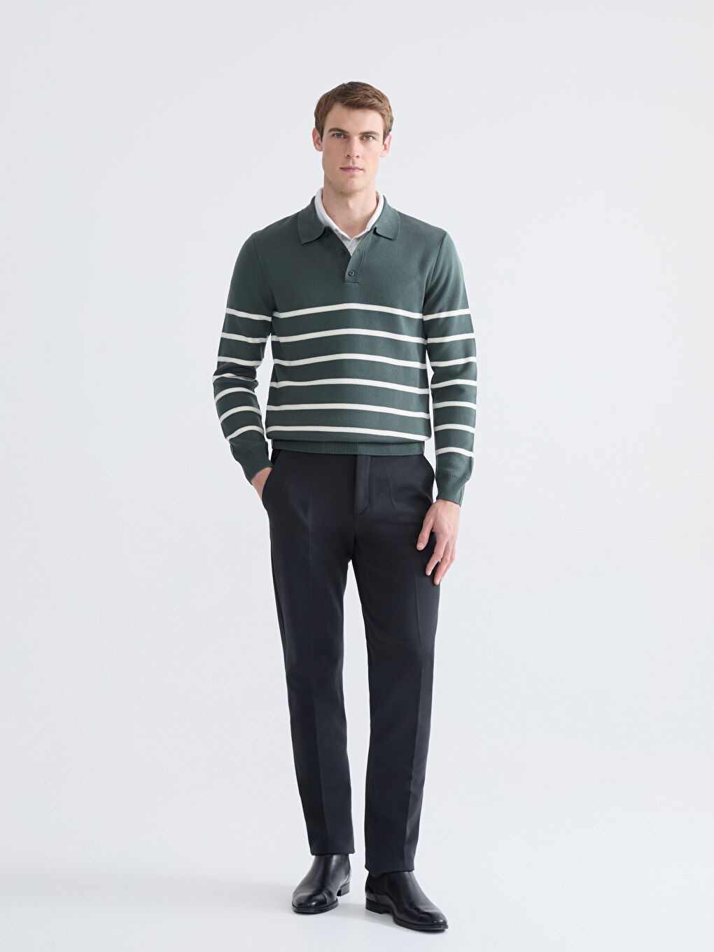 Yeşil Polo Yaka Çizgili Erkek Triko Kazak-1