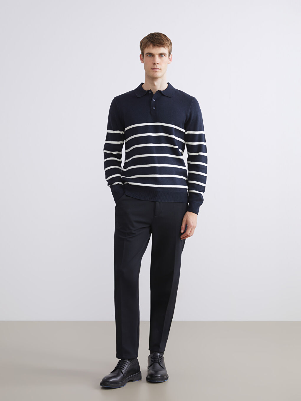 Lacivert Polo Yaka Çizgili Erkek Triko Kazak-1