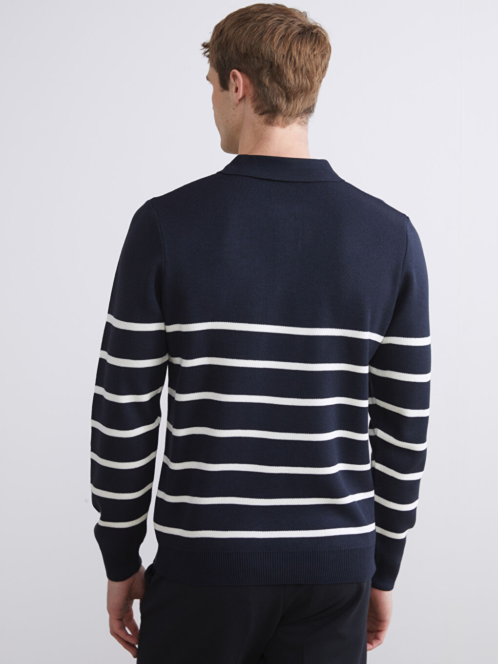 Lacivert Polo Yaka Çizgili Erkek Triko Kazak-3
