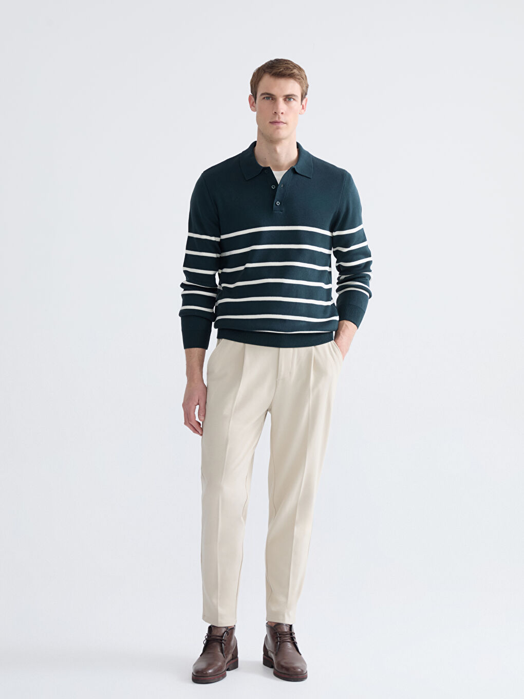 Yeşil Polo Yaka Çizgili Erkek Triko Kazak-1