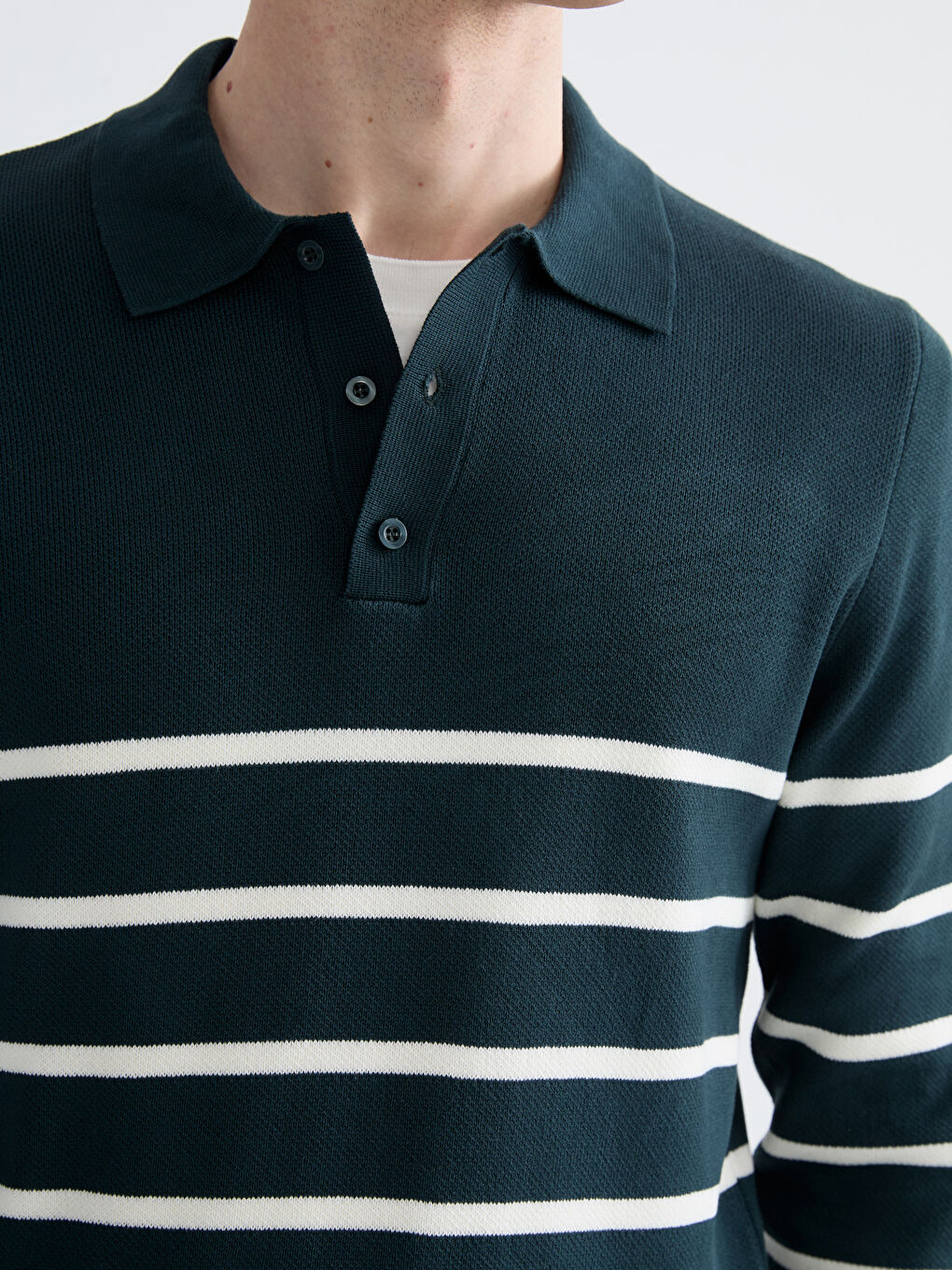 Yeşil Polo Yaka Çizgili Erkek Triko Kazak-2