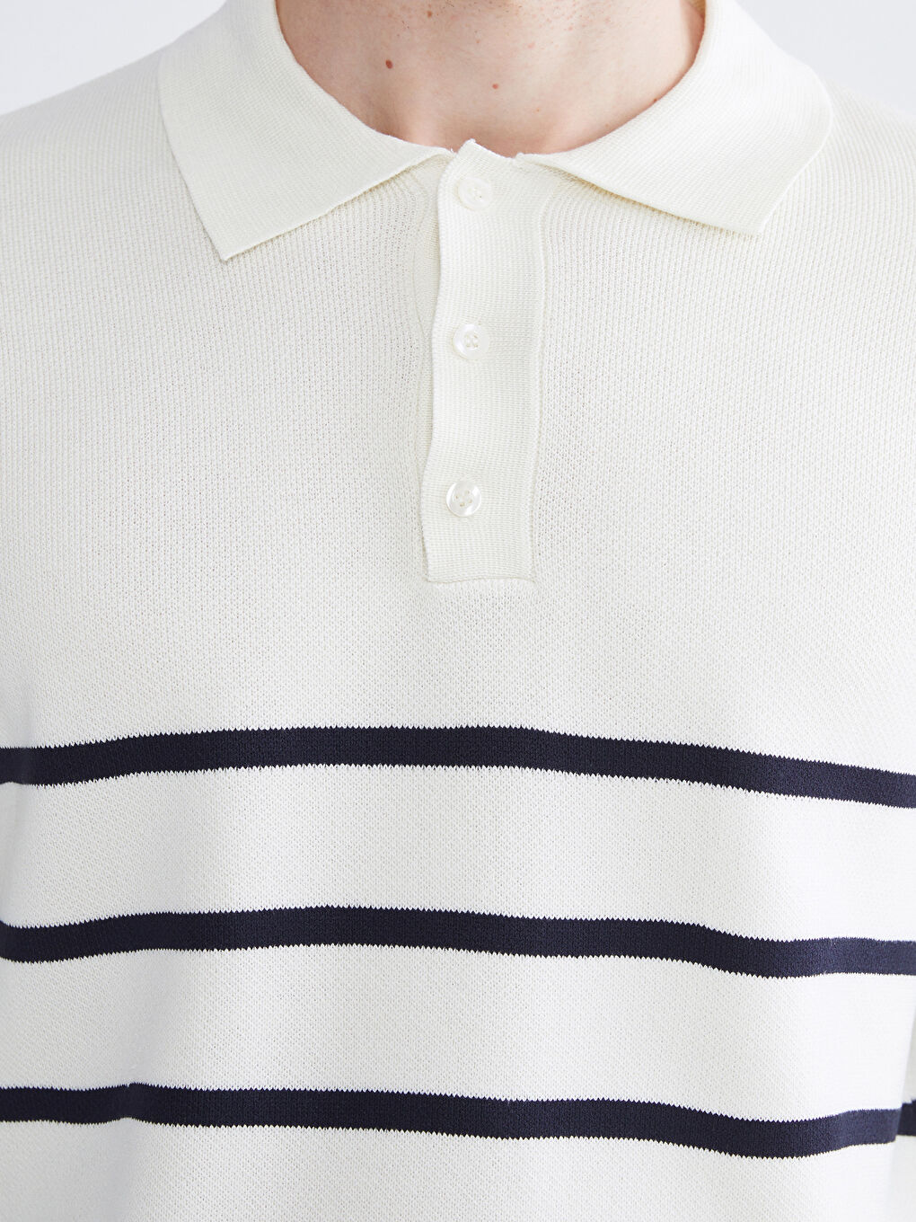 Ekru Polo Yaka Çizgili Erkek Triko Kazak-2