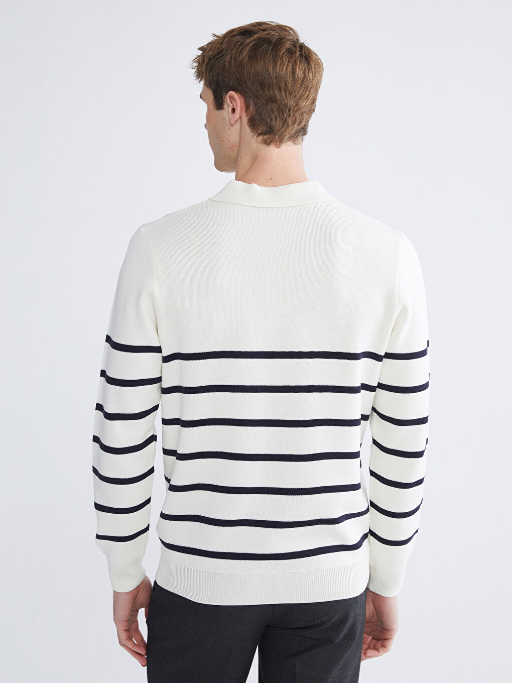 Ekru Polo Yaka Çizgili Erkek Triko Kazak-3