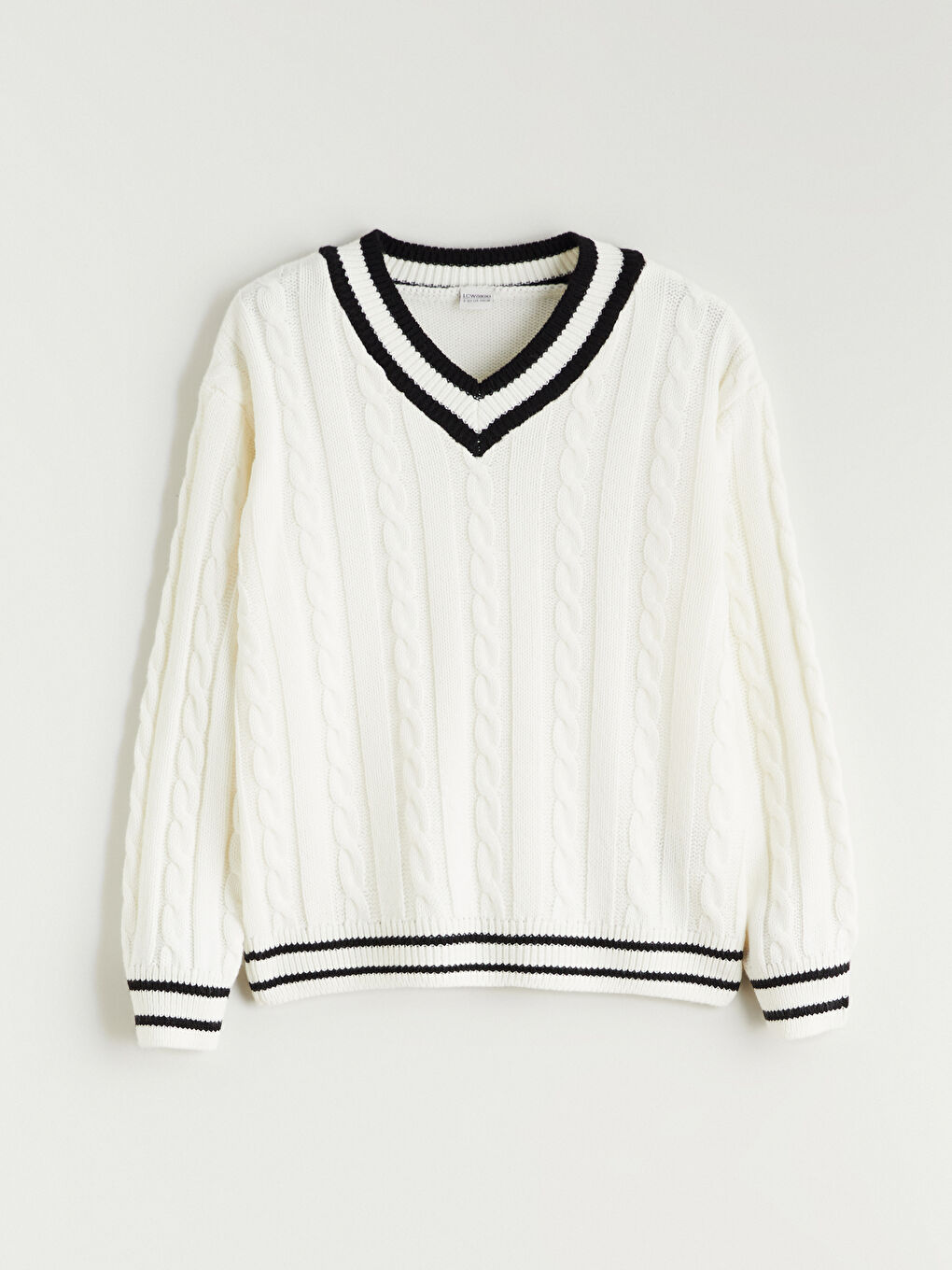 Ekru V Yaka Kız Çocuk Triko Kazak-2