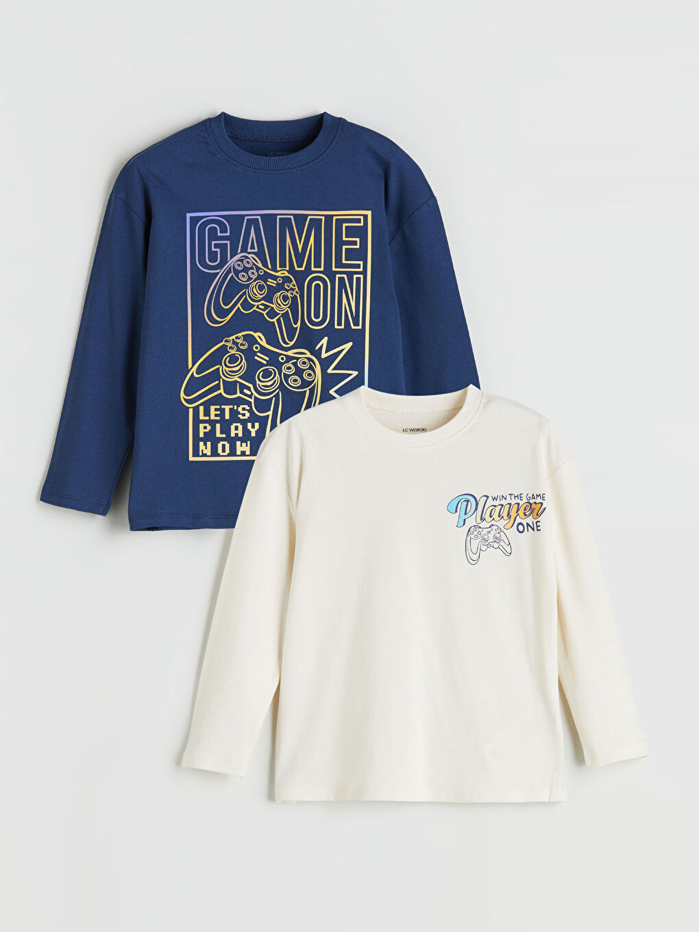 Bej Bisiklet Yaka Baskılı Uzun Kollu Erkek Çocuk Tişört 2'li-1