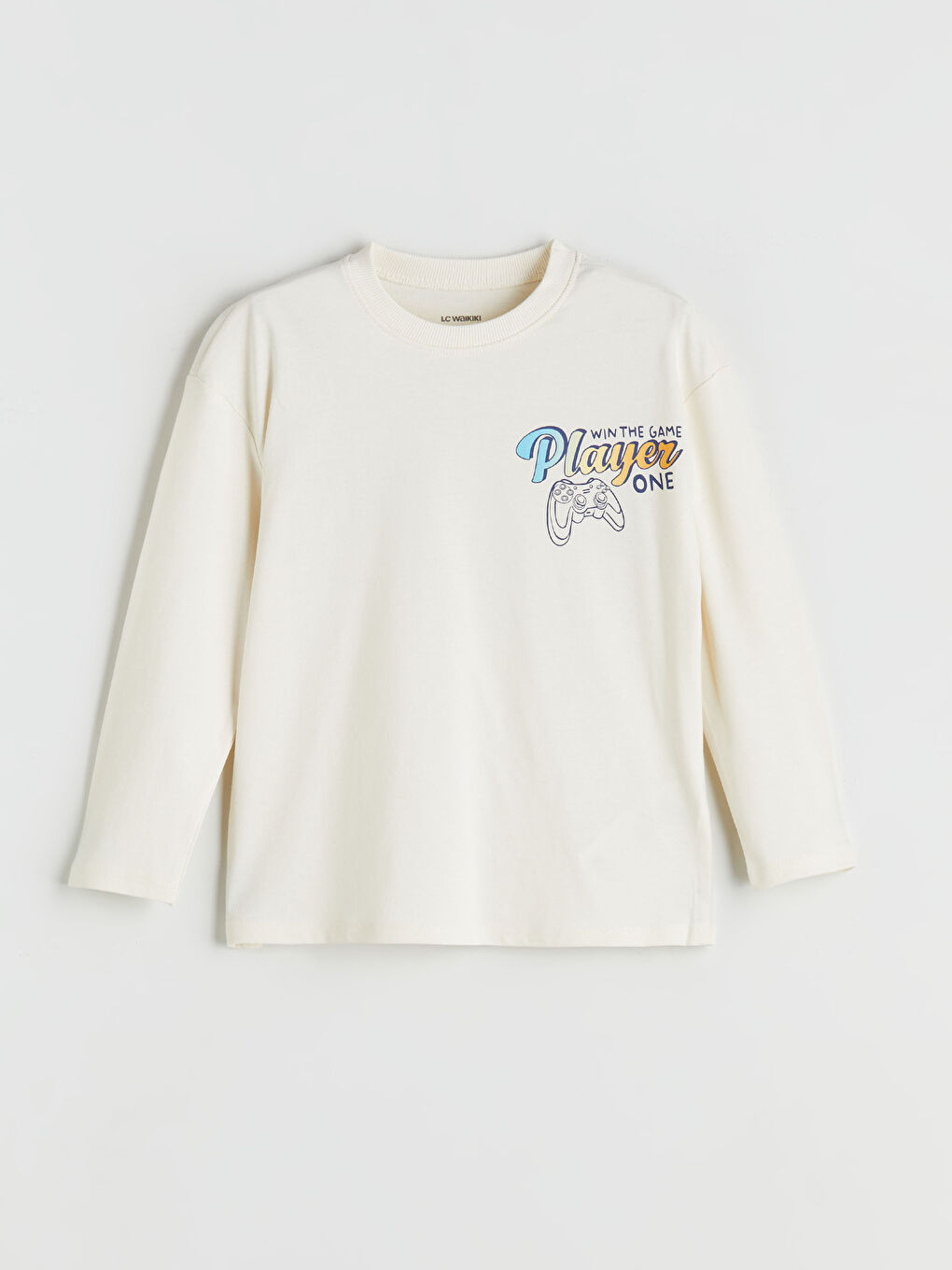 Bej Bisiklet Yaka Baskılı Uzun Kollu Erkek Çocuk Tişört 2'li-2