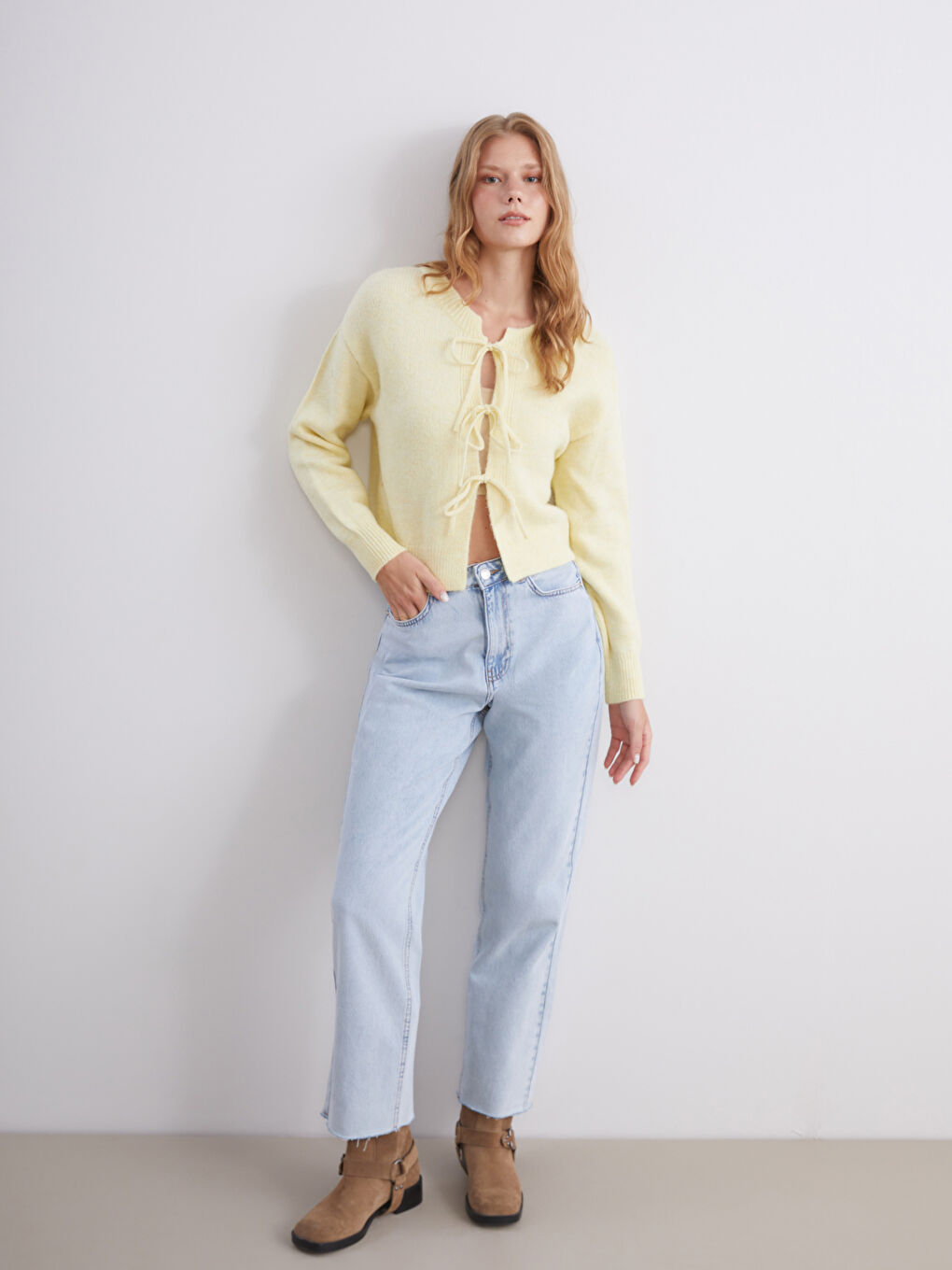 Sarı Bağlamalı Yaka Kadın Triko Hırka-1