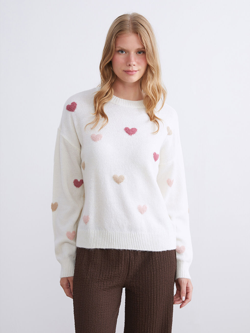 Ekru Bisiklet Yaka Desenli Kadın Triko Kazak