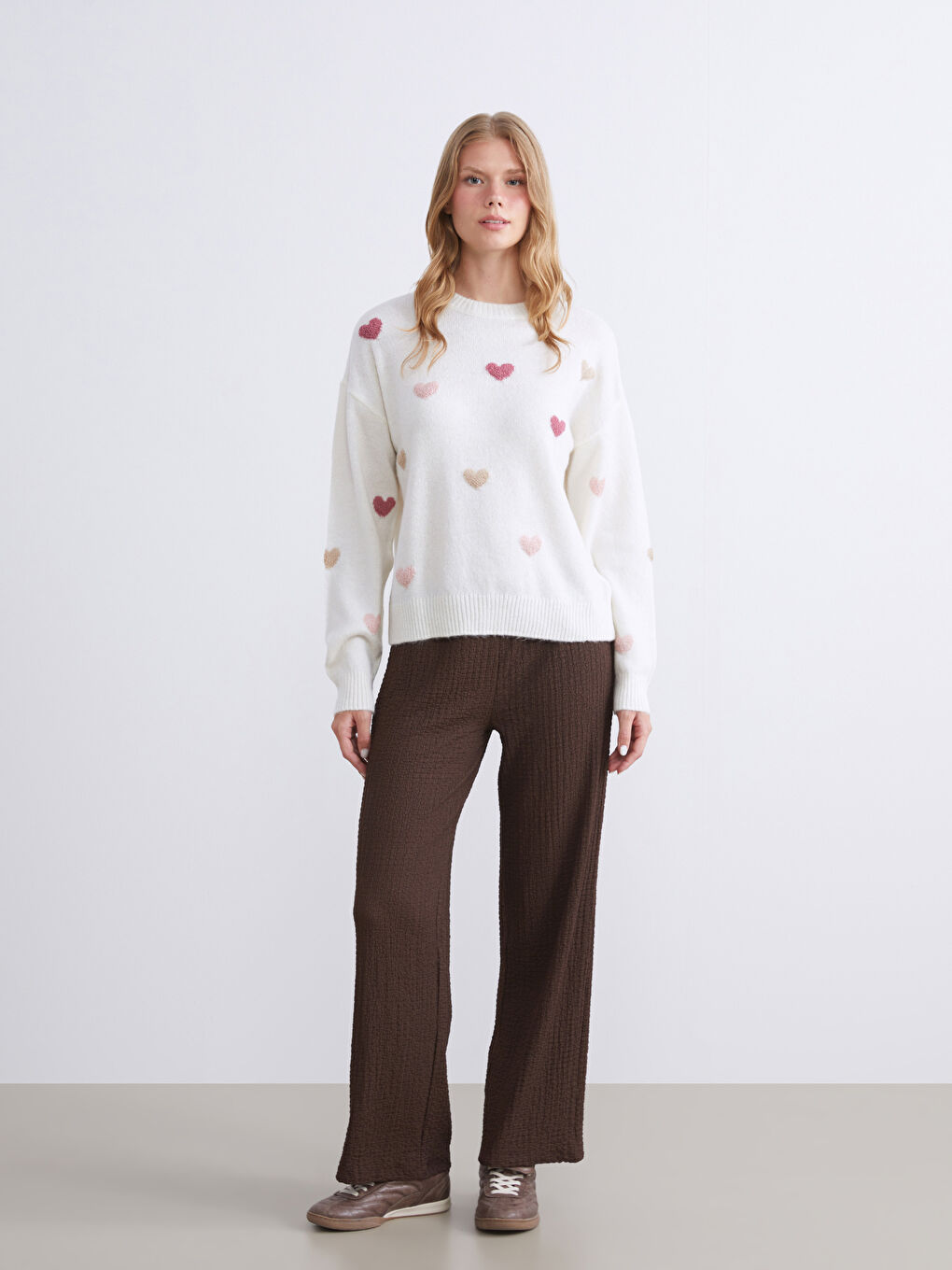 Ekru Bisiklet Yaka Desenli Kadın Triko Kazak-1