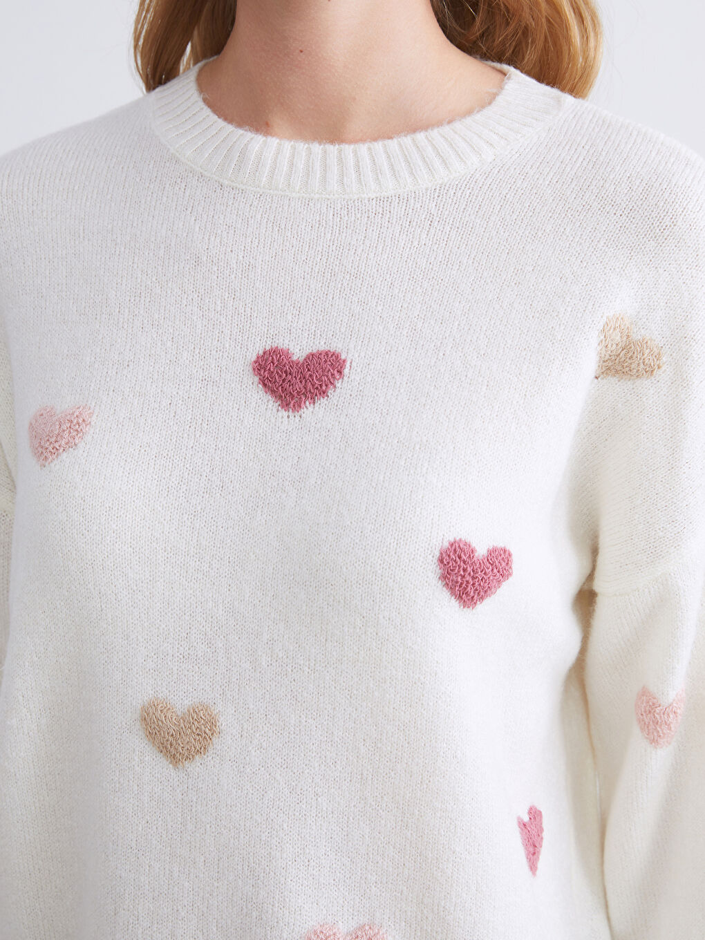 Ekru Bisiklet Yaka Desenli Kadın Triko Kazak-2