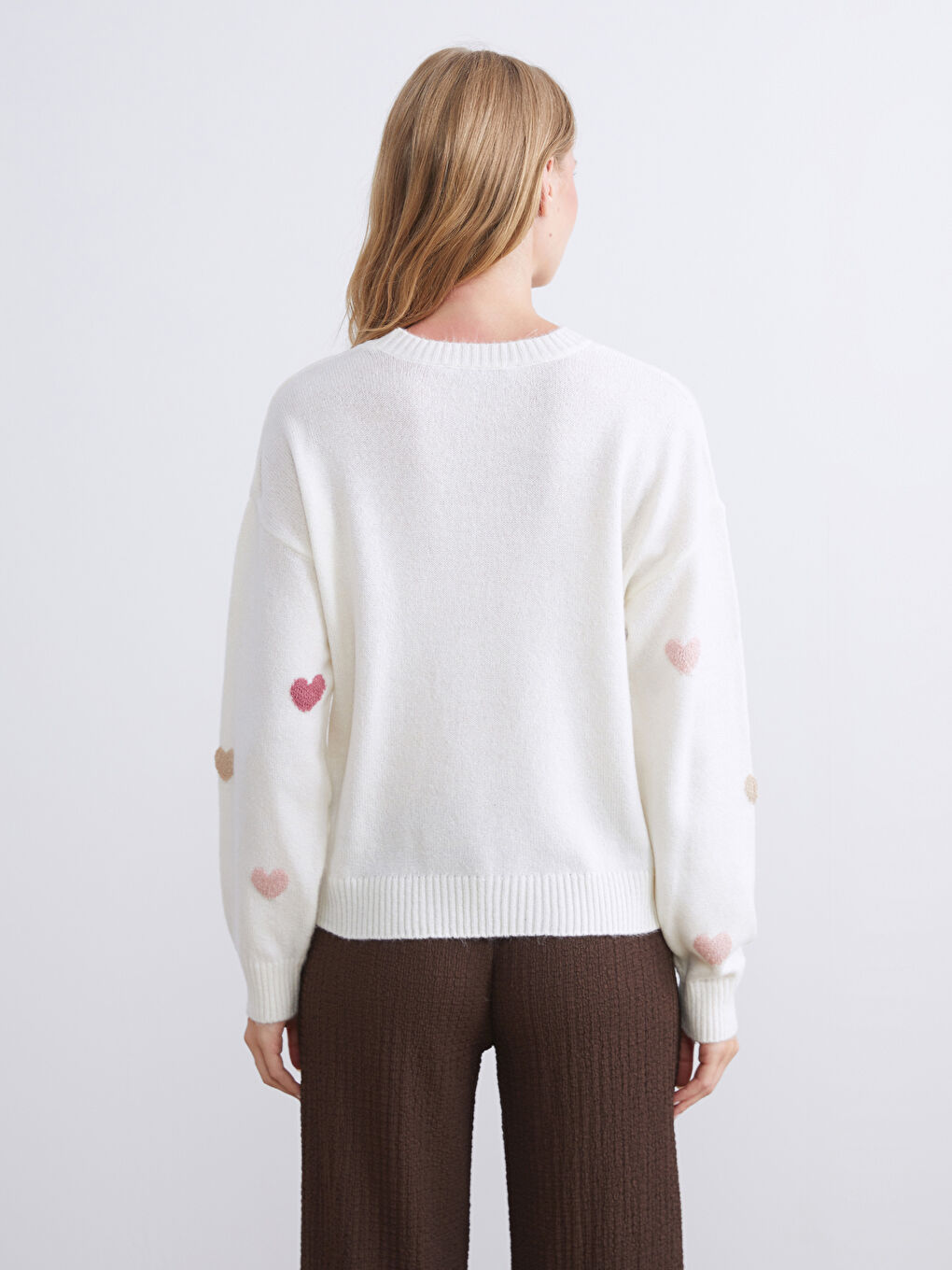 Ekru Bisiklet Yaka Desenli Kadın Triko Kazak-3