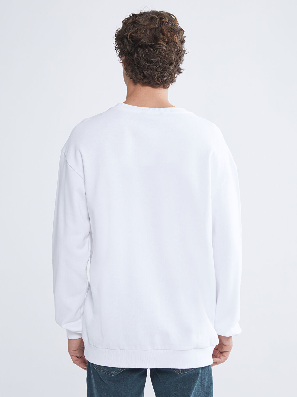 Beyaz Bisiklet Yaka Erkek Kalın Sweatshirt-3