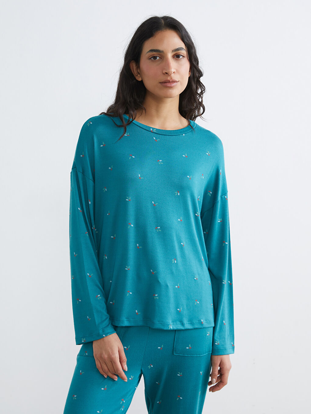 Turkuaz Bisiklet Yaka Desenli Kadın Pijama Takım