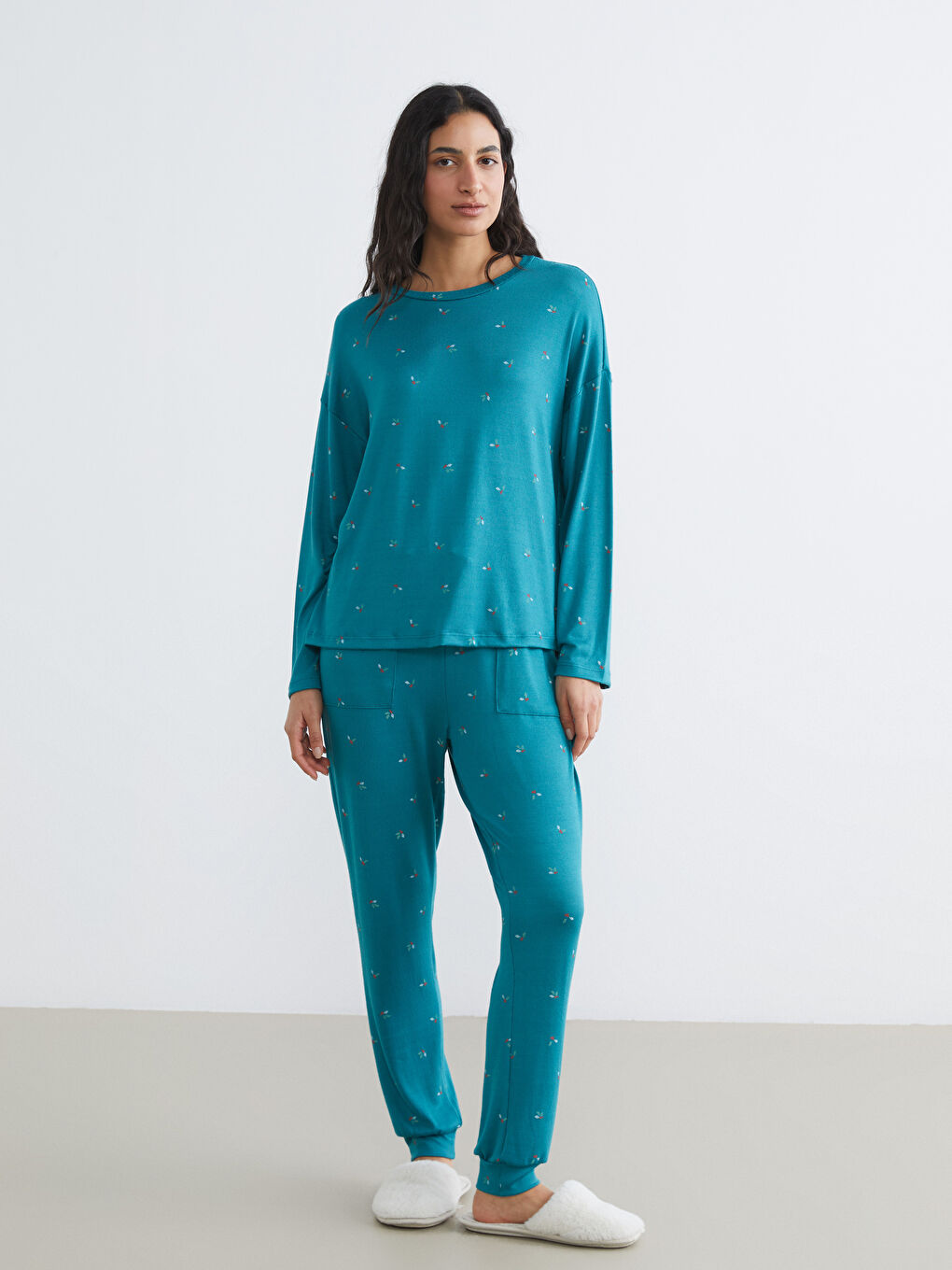 Turkuaz Bisiklet Yaka Desenli Kadın Pijama Takım-1