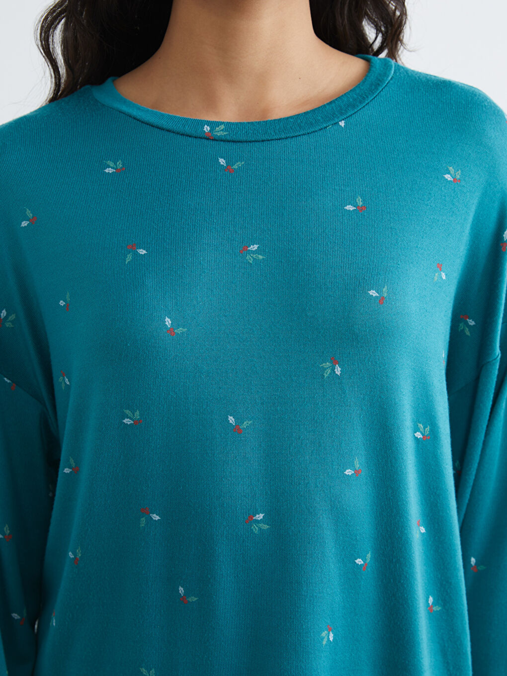 Turkuaz Bisiklet Yaka Desenli Kadın Pijama Takım-2