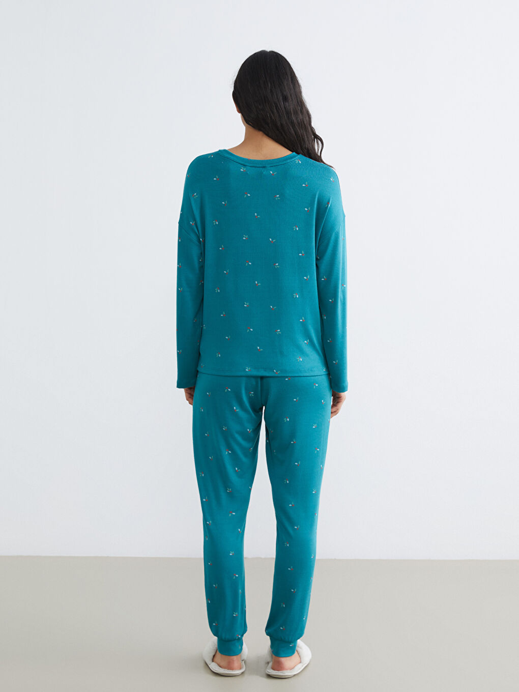 Turkuaz Bisiklet Yaka Desenli Kadın Pijama Takım-3