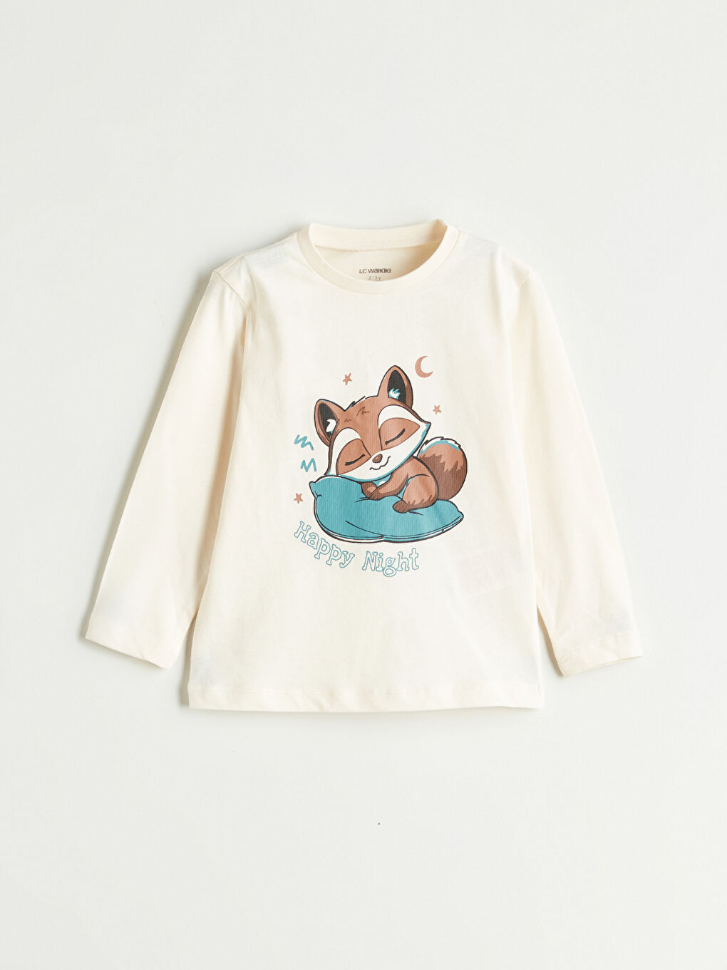 Ekru Bisiklet Yaka Baskılı Uzun Kollu Erkek Bebek Tişört