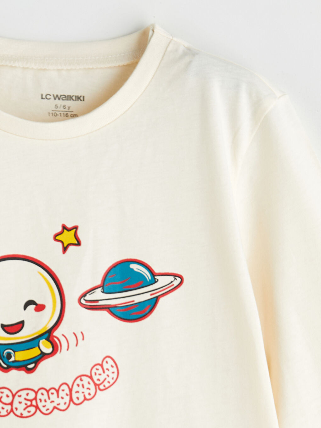 Ekru Bisiklet Yaka Baskılı Uzun Kollu Erkek Çocuk Tişört-1