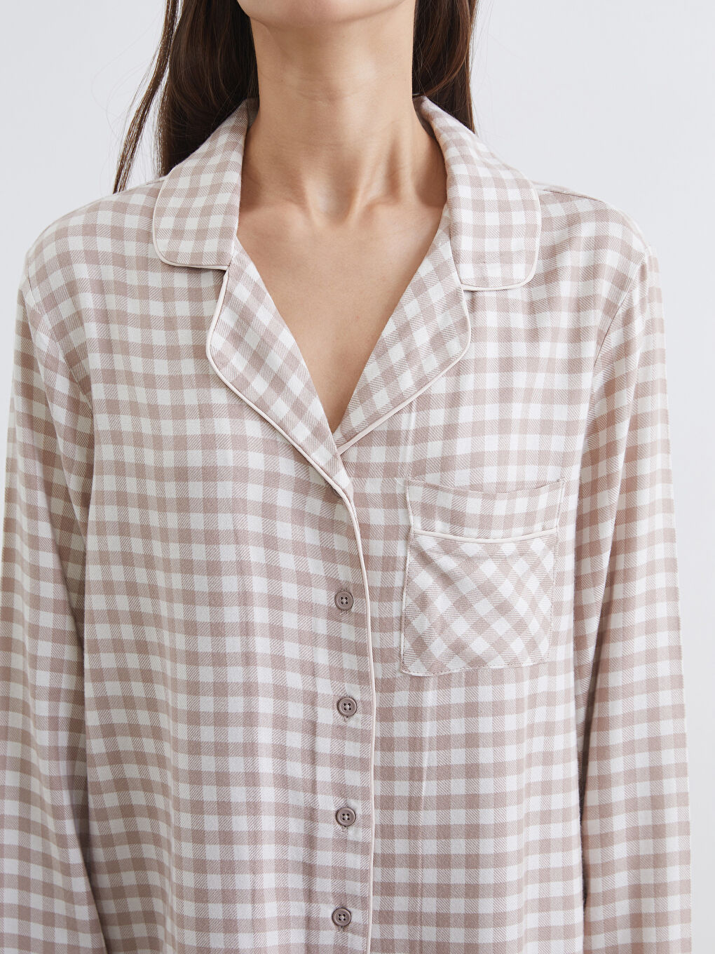 Kahverengi Gömlek Yaka Ekose Kadın Pijama Takımı-2