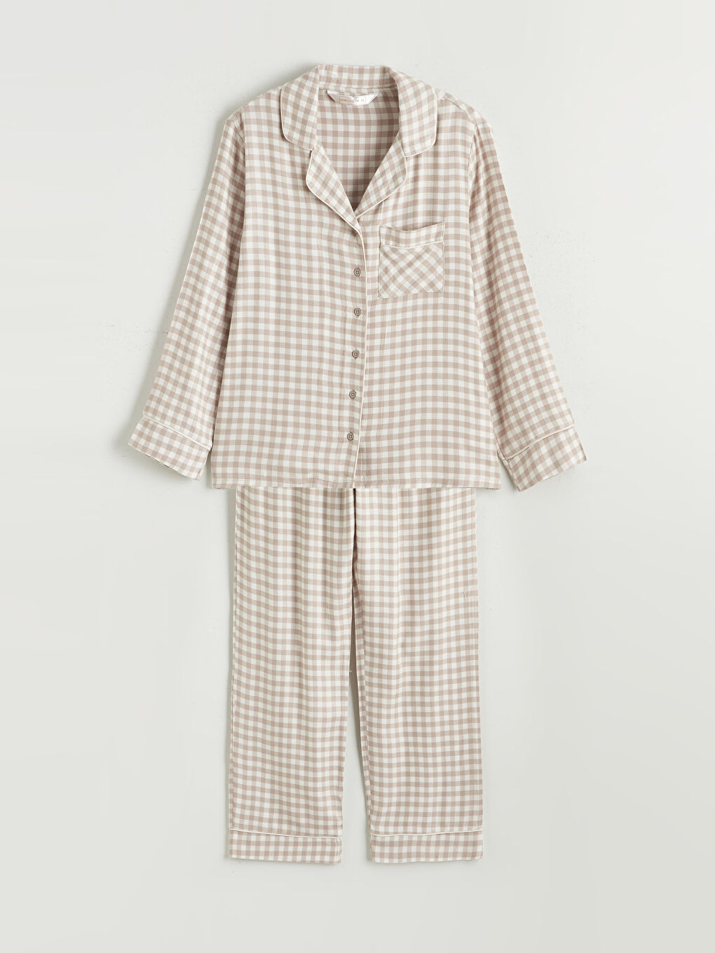 Kahverengi Gömlek Yaka Ekose Kadın Pijama Takımı-4