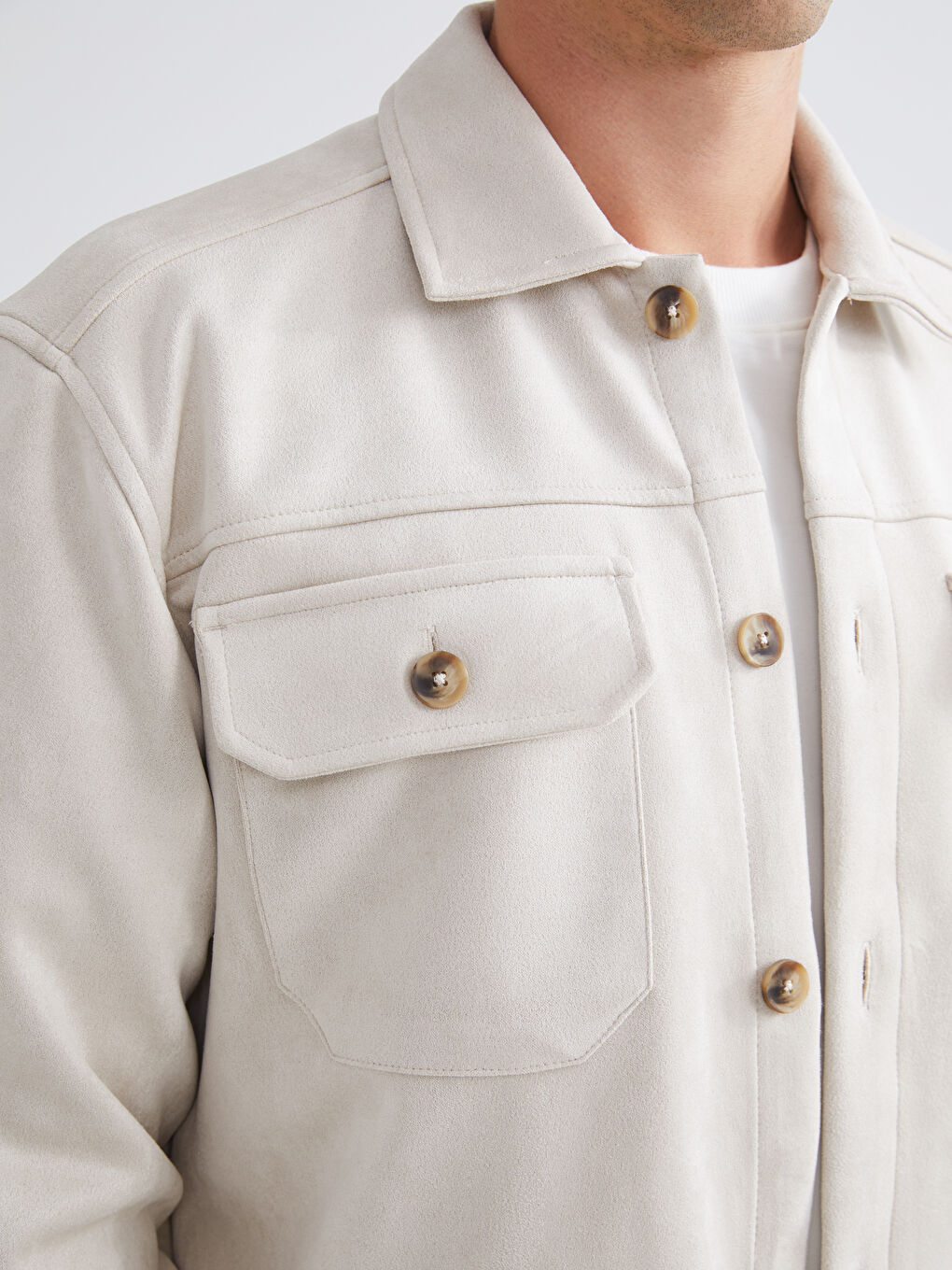 Bej Regular Fit Uzun Kollu Süet Erkek Gömlek Ceket-2