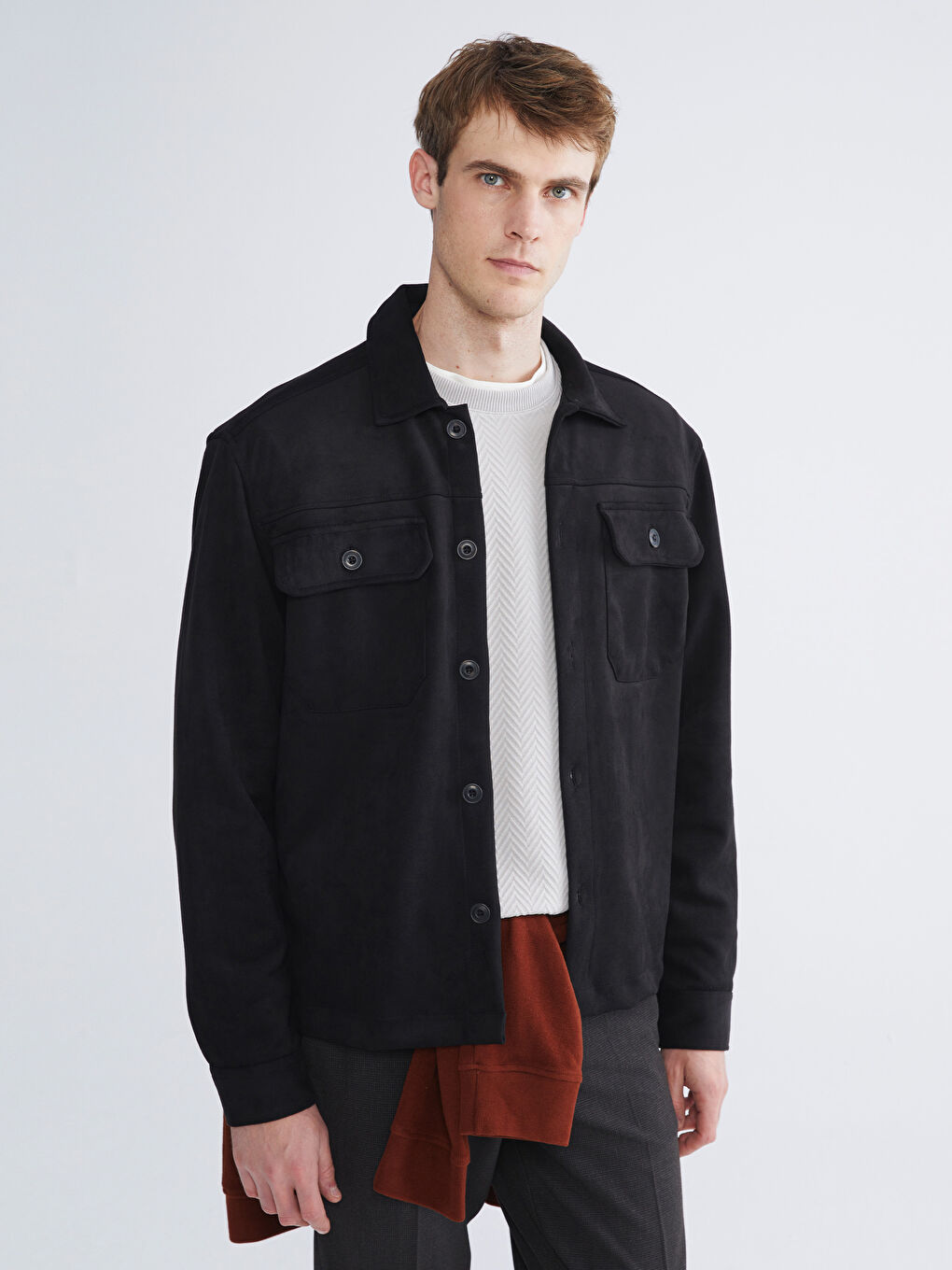 Regular Fit Long Sleeve Suede Men's Shirt Jacket