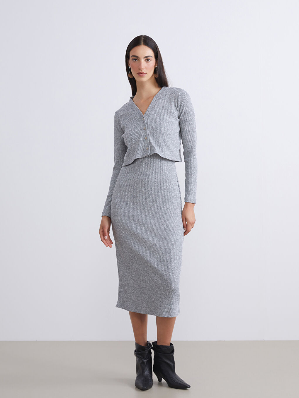 Gri U Yaka Bodycon Elbise