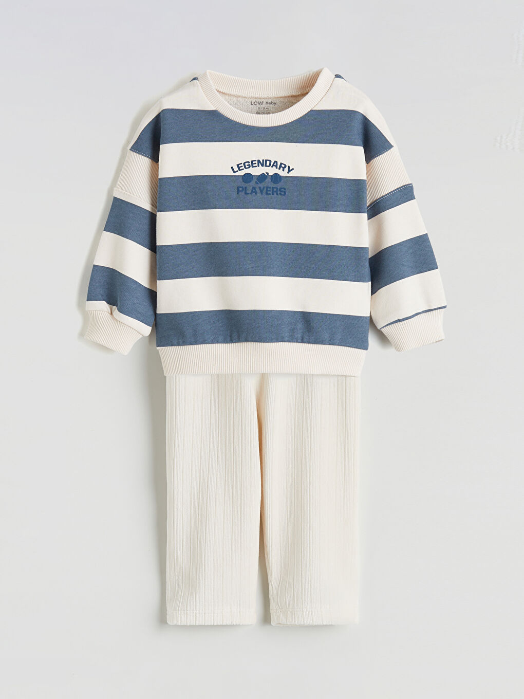 Ekru Bisiklet Yaka Çizgili Erkek Bebek Sweatshirt ve Eşofman Alt