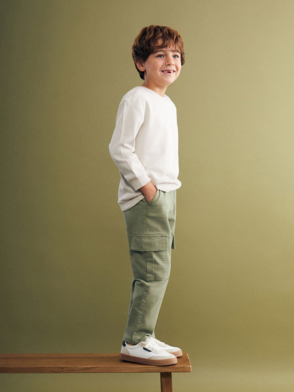 Yeşil Beli Lastikli Erkek Çocuk Kargo Pantolon-1