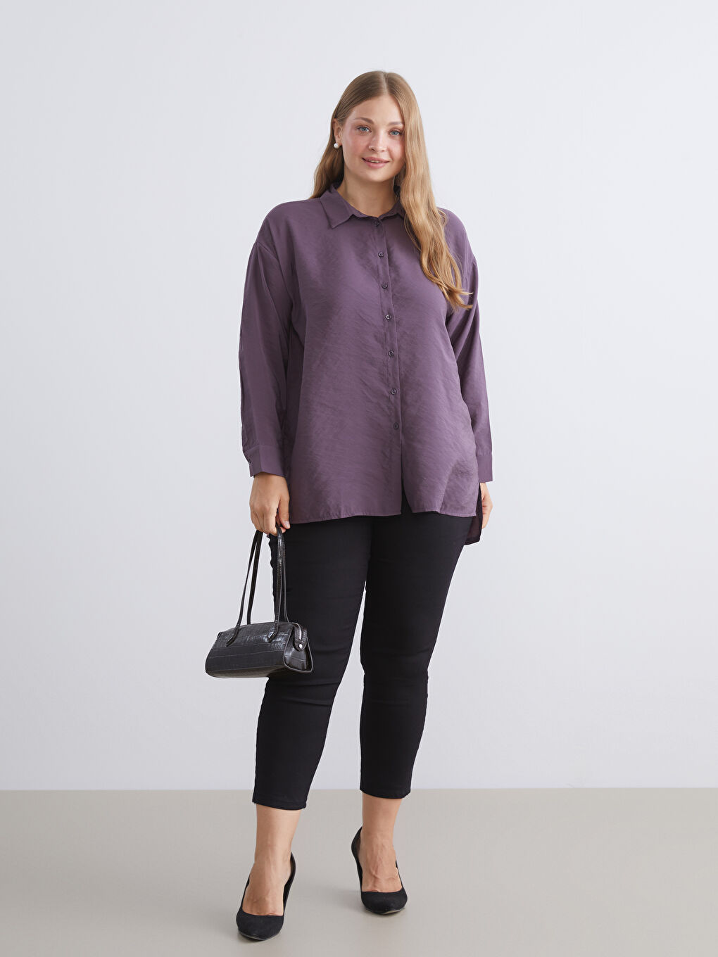 Mor Oversize Modal Karışımlı Kadın Gömlek Tunik-1