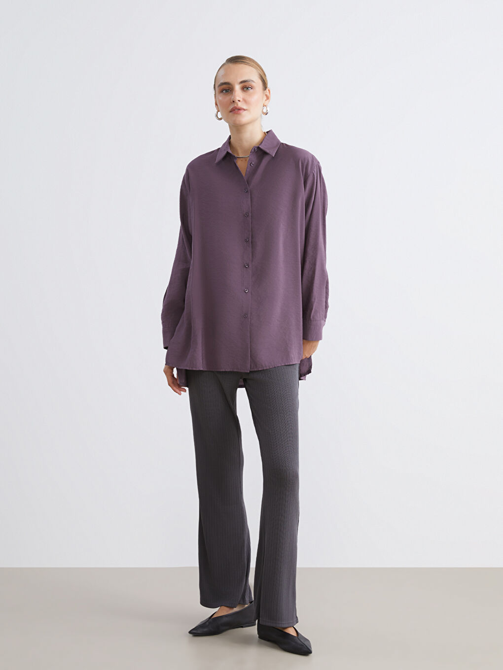 Mor Oversize Modal Karışımlı Kadın Gömlek Tunik-2