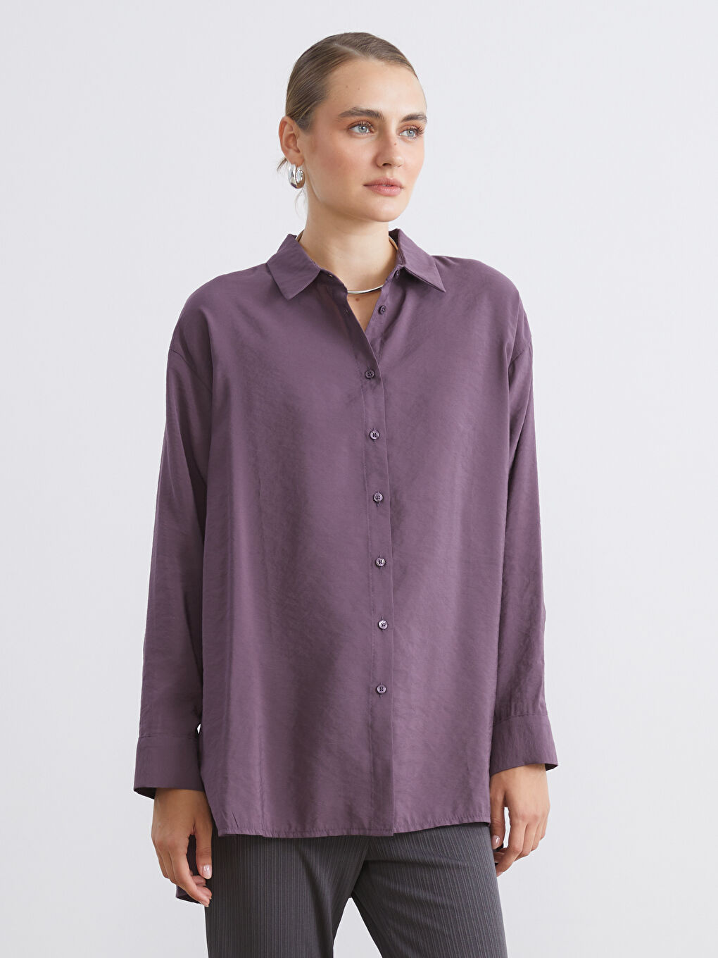 Mor Oversize Modal Karışımlı Kadın Gömlek Tunik