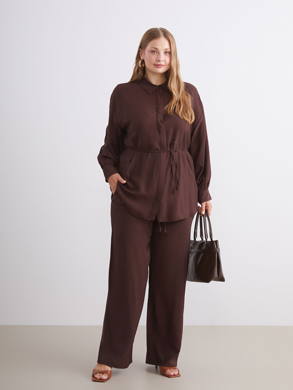 Kahverengi Dokulu Kadın Gömlek Tunik-1