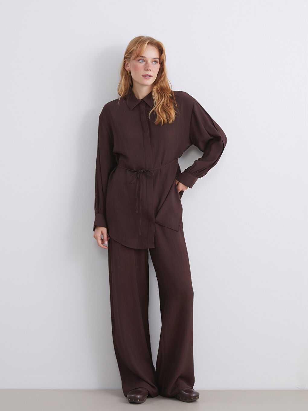 Kahverengi Dokulu Kadın Gömlek Tunik-2