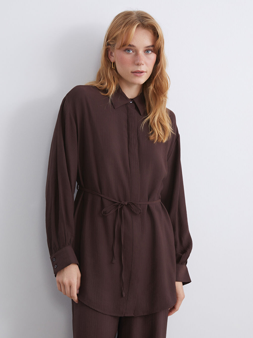 Kahverengi Dokulu Kadın Gömlek Tunik